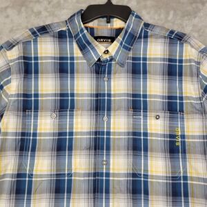 Orvis Men's L Long Sleeve Plaid Flannel Autumn Active Fit Blue and Yellow shirt
